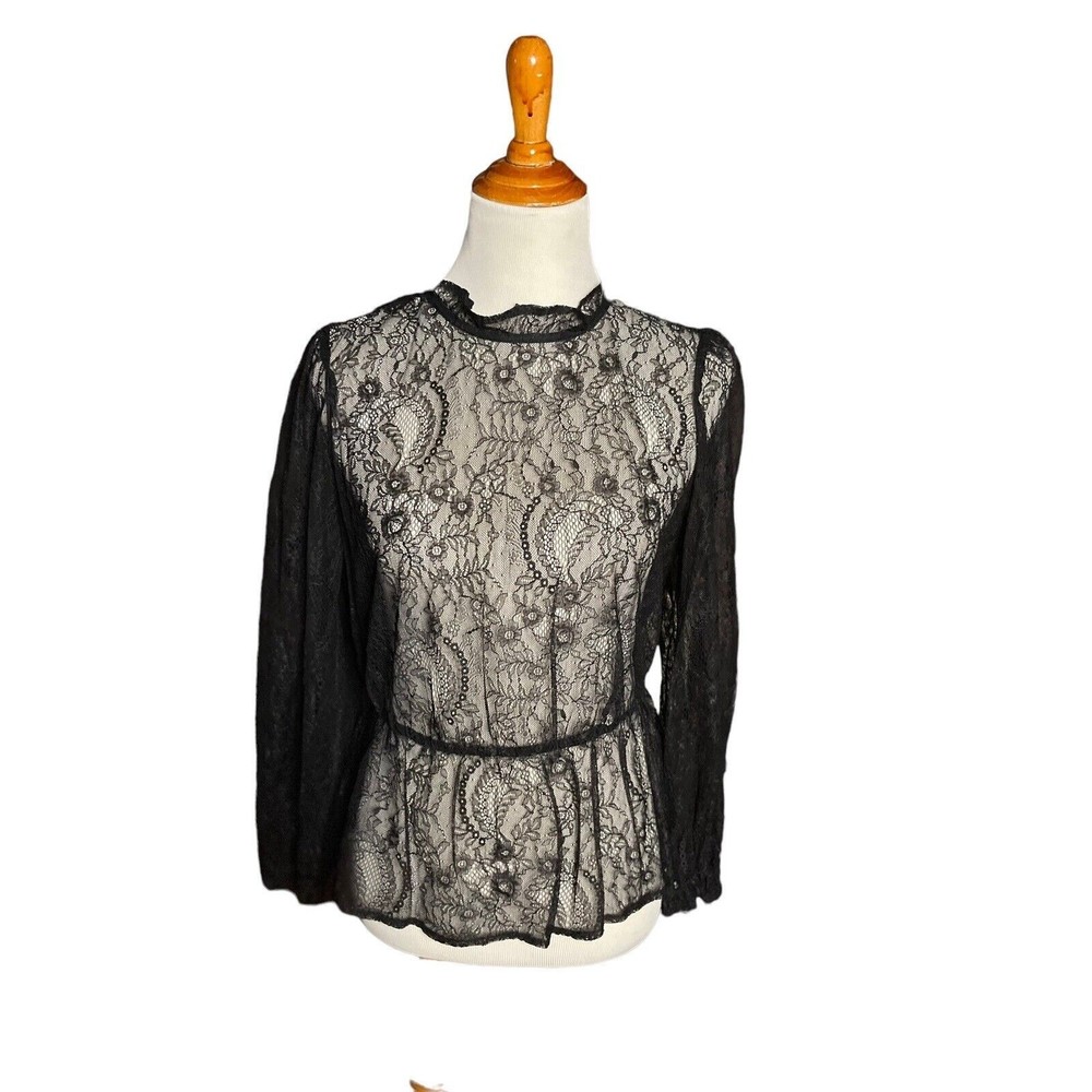 Banana Republic Large Petite Sheer Black Lace Ruffle Peplum Long Sleeve Blouse